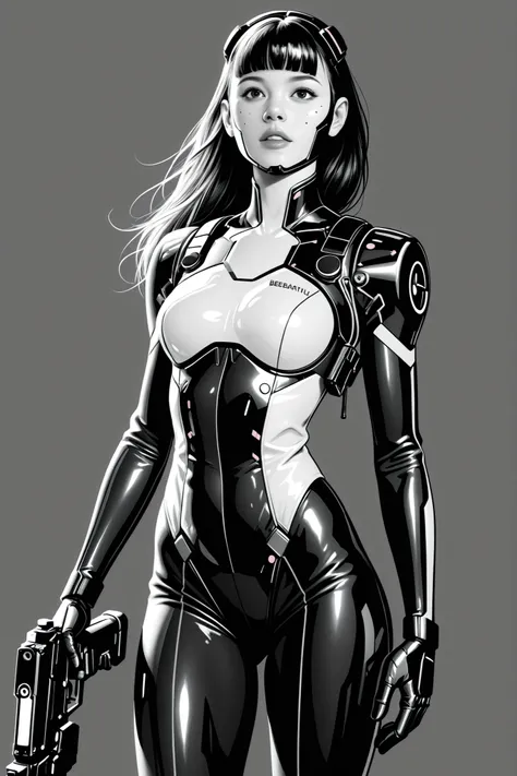 (masterpeace), high quality, (whole body:1.5),((Line Art: 1.5)), ((sci-fi comic style)), ((monochrome)), simple background, action scene, europian comic, single shot, syntheticbreed, 
BREAK
A young girl wearing a black bodysuit, ((tactical helmet)), (cyber...