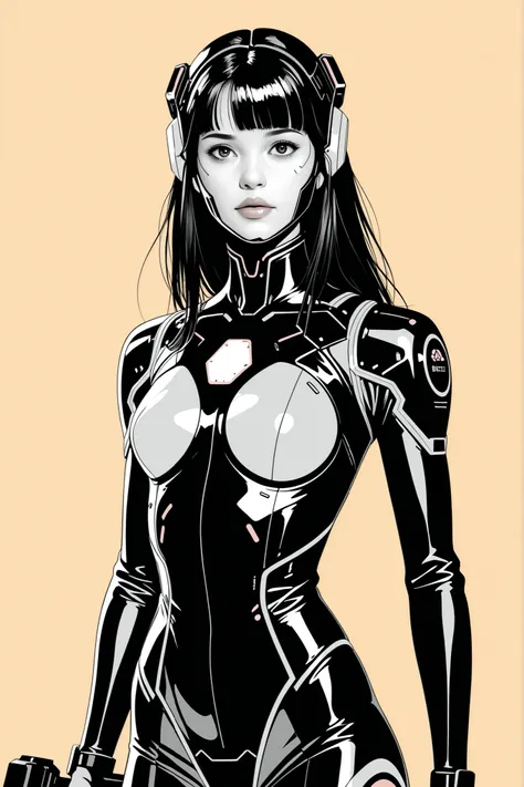 (masterpeace), high quality, (whole body:1.5),((Line Art: 1.5)), ((sci-fi comic style)), ((monochrome)), simple background, action scene, europian comic, single shot, syntheticbreed, 
BREAK
A young girl wearing a black bodysuit, ((tactical helmet)), (cyber...
