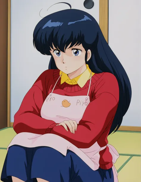 masterpiece, best quality, amazing quality, detailed background, perfect eyes, anime coloring, anime screenshot, 1980s \(style\), 1girl, solo, mature female, otonashi kyouko, black hair, long hair, , blue eyes, medium breasts, yellow shirt under red sweate...