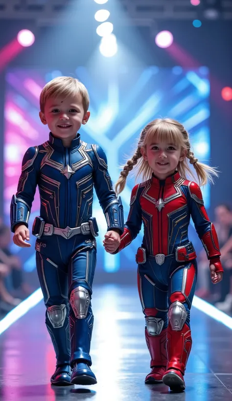 character: 1 baby boy blonde hair wearing futuristic blue captain Marvel body suit with silver armor futuristic blue accents , and 1 baby girl blonde Two braids hair Long Bangs Wearing futuristic red captain Marvel body suit with silver armor futuristic b...