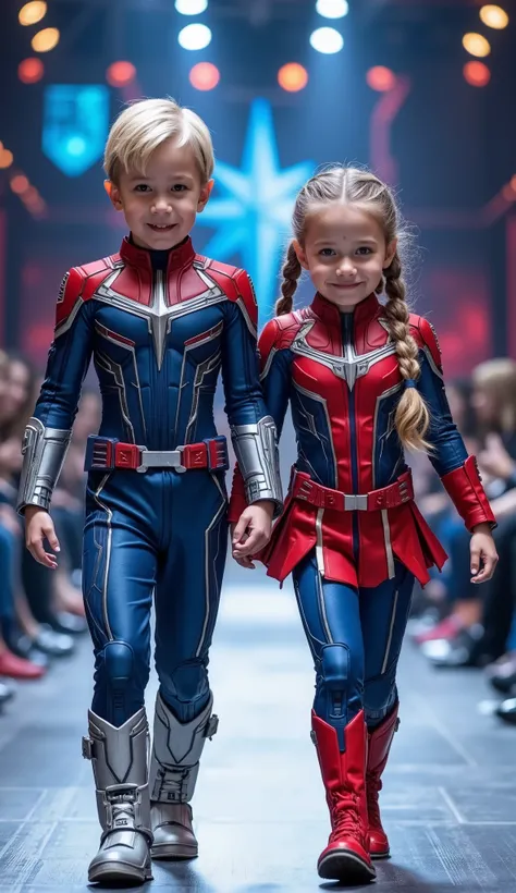 character: 1 baby boy blonde hair wearing futuristic blue captain Marvel body suit with silver armor futuristic blue accents , and 1 baby girl blonde Two braids hair Long Bangs Wearing futuristic red captain Marvel body suit with silver armor futuristic b...