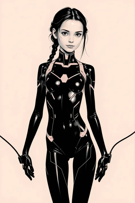 (masterpeace), high quality, (whole body:1.5),((Line Art: 1.5)), ((sci-fi comic style)), ((monochrome)), simple background, action scene, europian comic, single shot, syntheticbreed,
BREAK
A young girl wearing a black bodysuit, ((tactical helmet)), (cyberp...