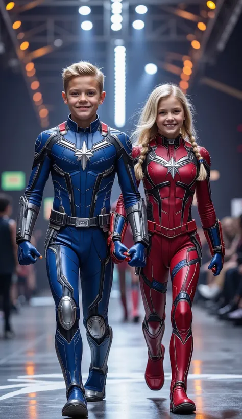 character: 1 boy blonde hair wearing futuristic blue captain Marvel body suit with silver armor futuristic blue accents , and 1 girl blonde Two braids hair Long Bangs Wearing futuristic red captain Marvel body suit with silver armor futuristic blue accent...