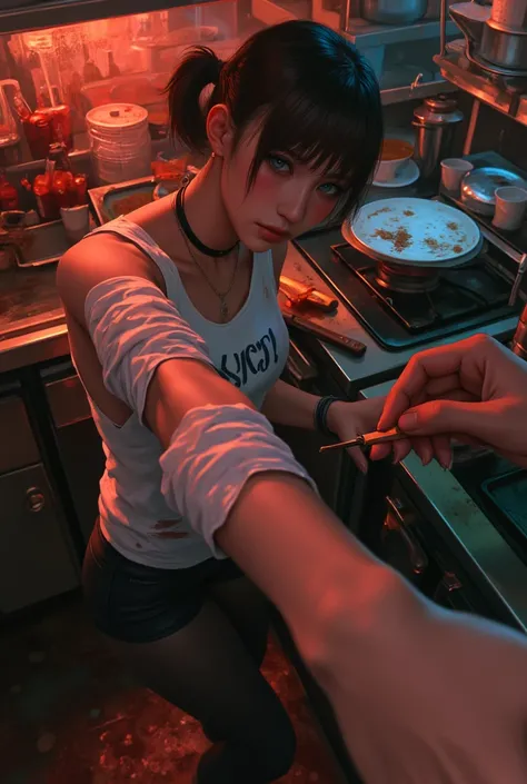 ((Best Quality、masterpiece、high sensitivity、high resolution、detailed depiction、Delicate facial depiction、Ｆvalue：6.0),((Slender Woman、wearing glasses)),advanced digital art、Ripped Tank Top、black tights、makeup:(Light Blue Eyeshadow、pink rouge、orange cheek),Restaurant kitchen、Place your hand on a cutting board、a knife stuck between the fingers of that hand、the inside of the sink is pushed in with a plate stained with sauce that has almost been eaten、the stove has a simmering pot-au-feu、ketchup is scattered all around、the flashing lights incite fear、