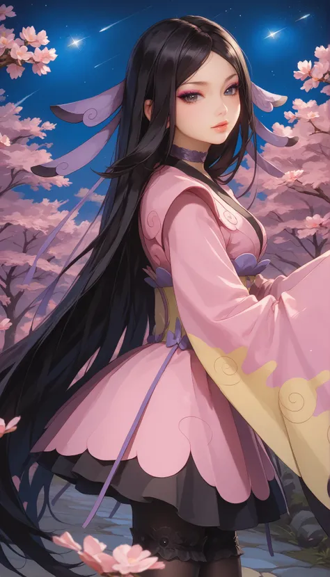 zzValerie, long hair, black hair, big black eyes, highly detailed face, glossy detailed lips, parted bangs, eyeshadow, hair ornament, black pantyhose, choker, dress, furisode, highly detailed clothing, japanese clothes, kimono, long flowing sleeves that co...