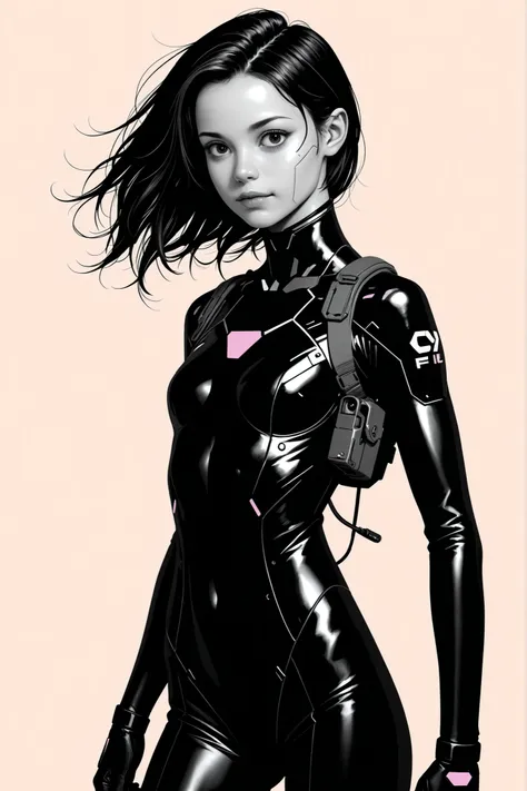 (masterpeace), high quality, (whole body:1.5),((Line Art: 1.5)), ((sci-fi comic style)), ((monochrome)), simple background, action, europian comic, 
BREAK
A young girl wearing a black bodysuit, black pants, ((tactical helmet)), (cyberpunk: 1.3), high detai...