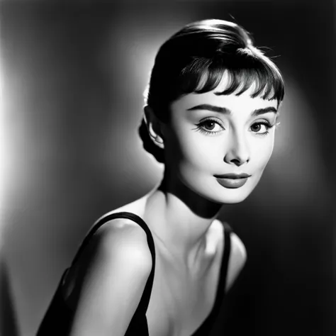 black and white portrait of Audrey Hepburn, studio lighting, dramatic shadows, 1940s film noir style, vintage, old picture, 