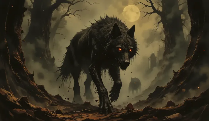 Black Wolf, glowing eyes, ferocious, nighttime, foggy, dark twisted forest background, high detail, masterpiece.