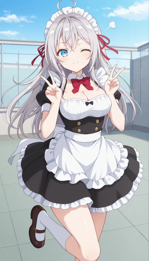 score_9, score_8_up, score_7_up, source_anime, 1girl, alya, grey hair, long hair, ahoge, hair ribbon, blue eyes, best quality, masterpiece, ultra-detailed, high quality, highres, pretty woman, beautiful, beautiful and perfect face , maid dress, half sleeve...