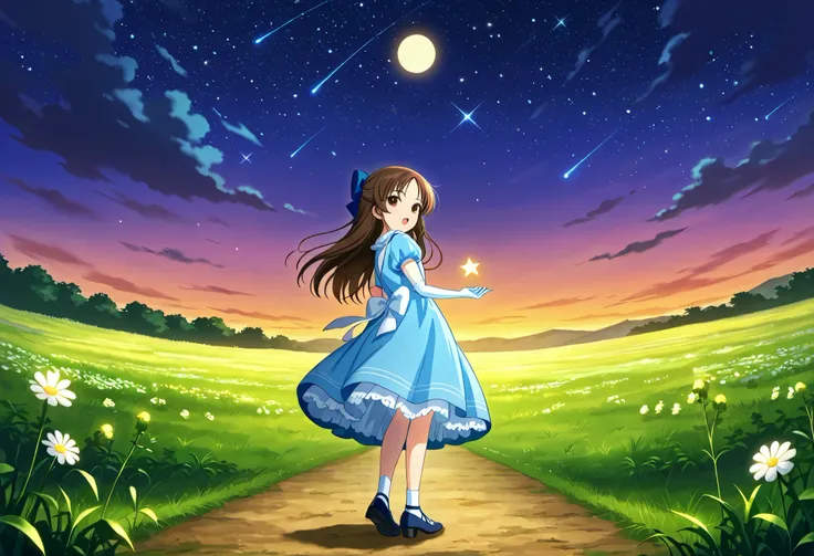 (score_9:0.9),score_8_up,score_7_up,negative_hand, realistic,tcbnars, long hair, brown hair, parted bangs ,hair bow , brown eyes, flat chest, alice dress, alice in wonderland dress, over elbow glove, 1girl, solo,  full body, whole body view, open mouth, hi...