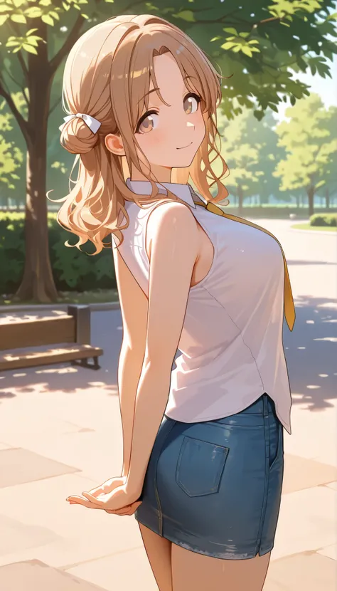 very awa, detailed eyes, shining eyes, masterpiece, best quality, ultra-detailed, (8k), (hdr), (ultra-detailed), absurdres, looking at viewer, solo, 1girl, girl, outdoors, park, day, smile, aahinana, brown eyes, light brown hair, single side bun, white hai...
