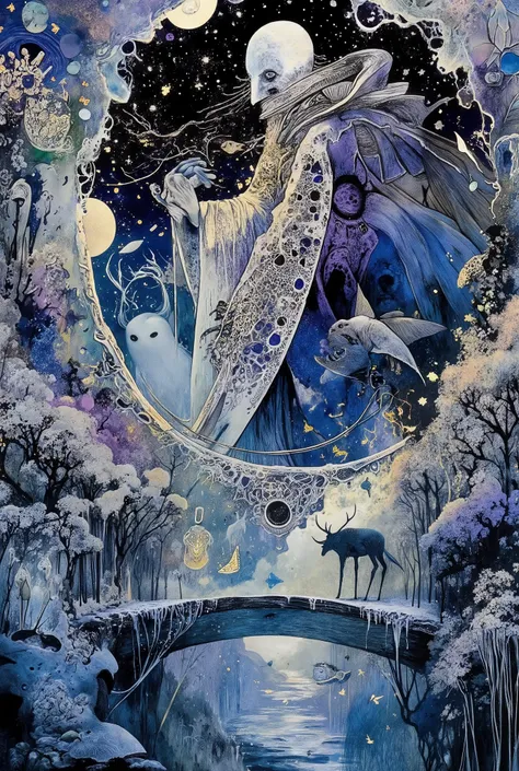 A detailed depiction of a utopian fantasy dream world with many subtle and impressive details: a floating ephemeral city woven of silver threads and luminescent patterns, where the Weavers of nightmares — disembodied creatures in translucent robes and moon...