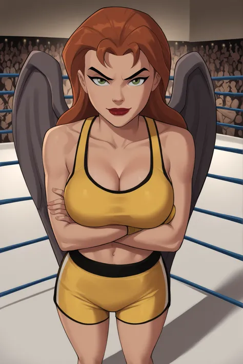 safe_pos, PonyXLV6_Scores BREAK ((retro artstyle, parody)), perfect anatomy, cowboy shot) shayera hol, wings, long hair, green eyes, ((looking back at viewer)), superhero, yellow sports bra, yellow boxing shorts with black trim, cleavage, curvy, athletic, ...