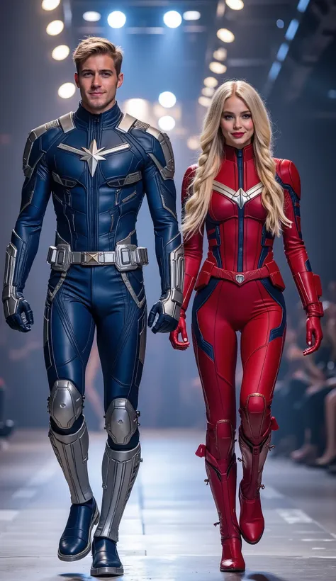 character: young man blonde hair wearing futuristic blue captain Marvel body suit with silver armor futuristic blue accents , and young women blonde Two braids hair Long Bangs Wearing futuristic red captain Marvel body suit with silver armor futuristic bl...