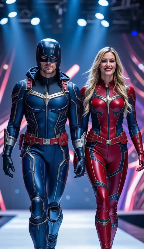 character: 1 man with mask full head wearing futuristic blue captain Marvel body suit with silver armor futuristic blue accents , and 1 women blonde Two braids hair Long Bangs Wearing futuristic red captain Marvel body suit with silver armor futuristic bl...