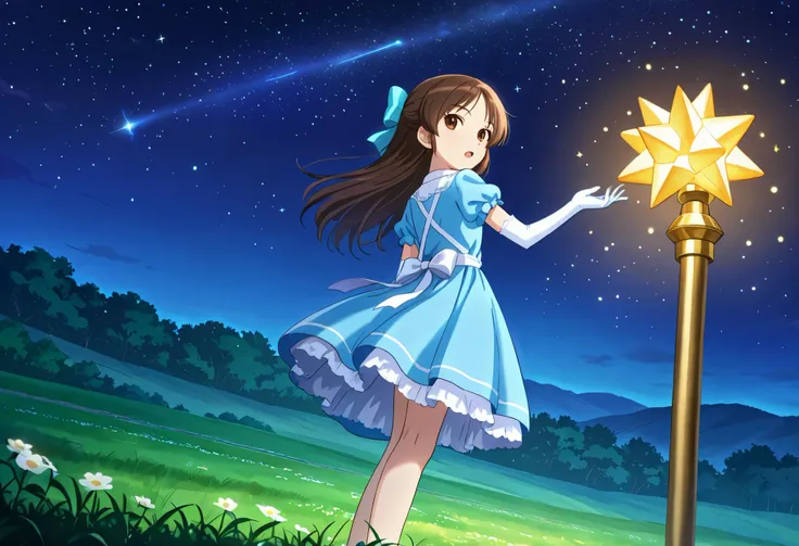 (score_9:0.9),score_8_up,score_7_up,negative_hand, realistic,tcbnars, long hair, brown hair, parted bangs ,hair bow , brown eyes, flat chest, alice dress, alice in wonderland dress, over elbow glove, 1girl, solo,  full body, whole body view, open mouth, hi...