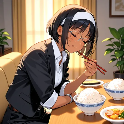One Woman, Solo, Black Hair, Short Hair, Eyes Closed, Short Bob, (Dark Skin), With Bangs, Sitting, (Eating a Bowl of Rice with Side Dishes on the Table)), Smiling, Happy Expression, (Holding a Rice Bowl in Her Left Hand and Chopsticks in Her Right Hand)), (Indoors, Warm Lighting, Upper Body, Glasses, (Black Suit Jacket, Sleeves Rolled Up)), Open Jacket, White Collared Shirt, Silver Watch, (White Headband)), Black Long Pants, Brown Belt, Plants, Curtains, Home. Jacket, Sleeves Rolled Up)), Open Jacket, White Collared Shirt, Silver Watch, (White Headband)), Black Long Pants, Brown Belt, Morning, Plants, Curtains, Living Room at Home, ⦅, Perfect Hands, Cute, Blurred Background, Masterpiece, Very Beautiful! ,,masterpiece,best quality,,,
