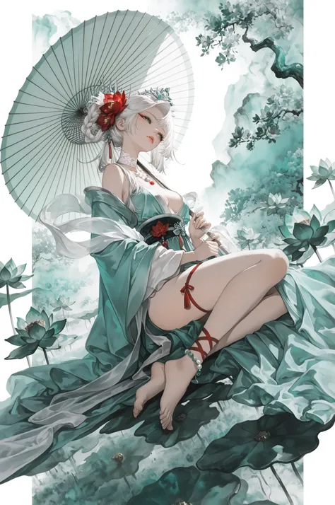 nikki (series), ArsMJStyle, Zen Ink Wash Sumi-e, 1girl, long eyelashes, green eyes, white hair, long hair, side ponytail, medium breasts, petite, cute, expressionless, bored, hair flower, lotus, white lace choker, white theme, aqua theme, braid, jewelry, tiara, beads, necklace, tassel, flower, hair flower, red flower, peony (flower), hair ornament, weimao, hagoromo, yaopei, zhijupao, chinese clothes, long sleeves, wide sleeves, off shoulder, hanfu, sash, shawl, leg ribbon, red ribbon, anklet, barefoot, solo, full body, sitting, head tilt, looking away, parted lips, holding umbrella, oil-paper umbrella, carrying over shoulder, from side, ((dynamic angle)), dynamic pose, outdoors, nature, (blending, surreal:1.3), masterpiece, best quality, amazing quality, very aesthetic, 8k, HDR, cinematic, 