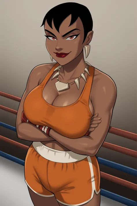 PonyXLV6_Scores BREAK (((parody)), perfect anatomy, perfect eyes, cowboy shot) BREAK mari mccabe, short hair, black hair, dark-skinned female, red eyes, ((looking at viewer)), jewelry, necklace, earrings, cleavage, orange sports bra, orange boxing shorts, ...