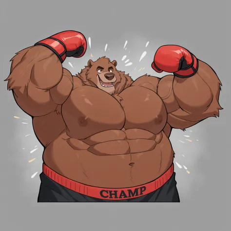 Solo, 1boy, swole overweight Muscular Old, victory growl, focus, praising himself champ, ((extremely muscle size, super thick arms, huge broad pec, extremely wide pectoral, added eyes with orange pupis, brown fur, huge arms, plump swole body), 220cm (7’2),...