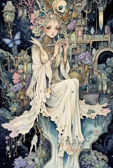 Dark fantasy painting: a detailed depiction of a utopian fantasy dream world with many subtle and impressive details: a floating ephemeral city woven of silver threads and luminescent patterns, where the Weavers of nightmares — disembodied creatures in tra...