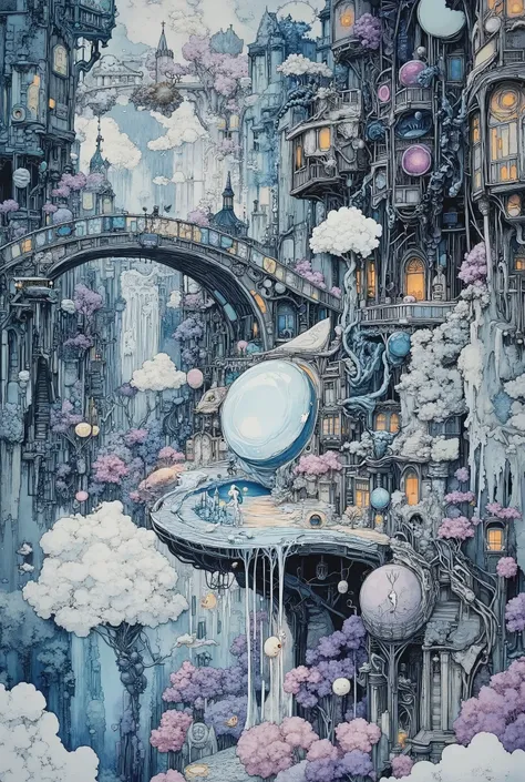 Dark fantasy painting: a detailed depiction of a utopian fantasy dream world with many subtle and impressive details: a floating ephemeral city woven of silver threads and luminescent patterns, where the Weavers of nightmares — disembodied creatures in tra...