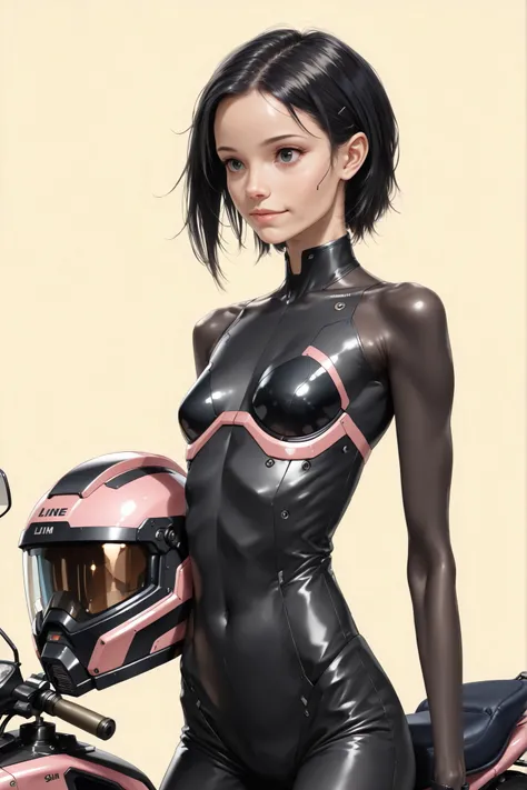 (masterpeace), high quality, (whole body:1.5),((Line Art: 1.5)), ((sci-fi comic style)), ((monochrome)), simple background, action, europian comic, 
BREAK
A young girl wearing a black bodysuit, riding a big electric motorbike, black pants, ((tactical helme...