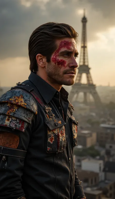 Jake Gyllenhaal as Havik in hyper-realistic version, partially disfigured face with scars and red war paint, insane and intense expression, torn gothic armor with darkened metallic details, chains hanging over the shoulders, rebellious and chaotic posture....
