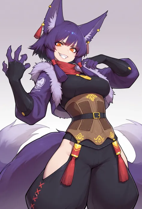 gorgeous kitsune girl, beautiful face, playful pose, kitsune, white purple gradient hair, fur covered body, short fur on body, claws, hunter girl, orange eyes, red slit pupils, personalami style, volputrous body, medium breasts, slim and athletic, fox ears...