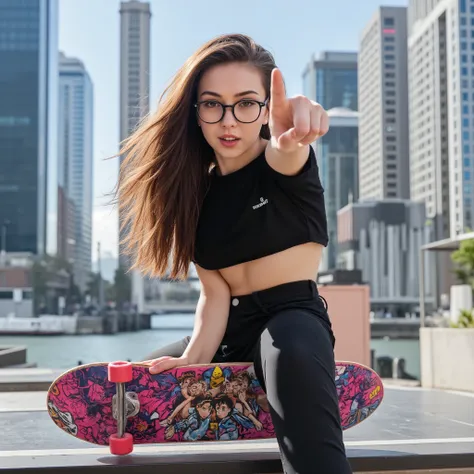 "Modern urban girl with long hair, wearing glasses, posing playfully with a skateboard and pointing finger.