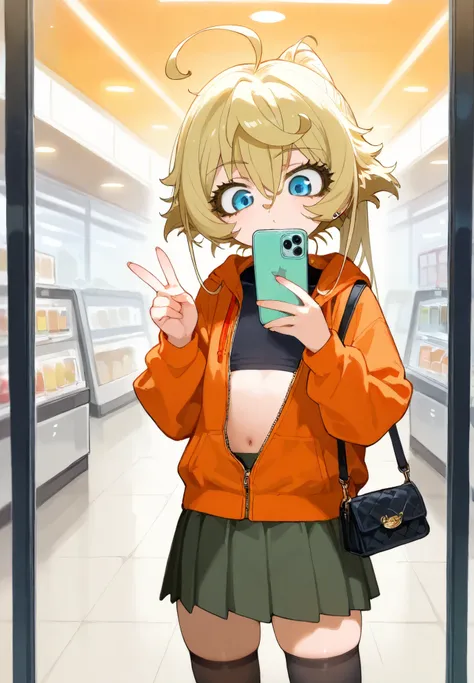 1girl, Tanya von Degurechaff \(Youjo Senki\), crop top, unzipped hoodie, piercings, thigh highs, skirt, V, holding an iPhone, sexy pose, alluring atmosphere, shopping mall, cinematic lighting, masterpiece,top quality,warm color,high resolution,high fashion...