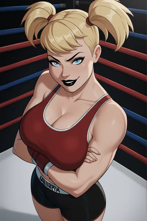 BREAK, score_9, score_8_up, score_7_up, score_6_up, Harleybtas, 1girl, solo, twintails, short hair, blonde hair, blue eyes, black lips, large breasts, cleavage, makeup, smiling, closed mouth, determined expression, bedroom eyes, looking at viewer, red spor...