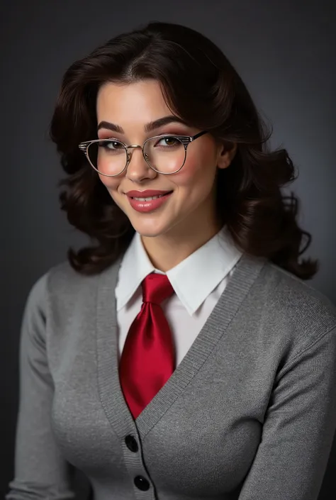 woman, legal but she looks 17, heavy bimbo makeup, smokey eye makeup, posing for her high-school yearbook photo, wearing a collared satin blouse under a grey vneck sweater with a red necktie, warm smile, 70s blowout hairstyle, voluminous hair, perfect eye...