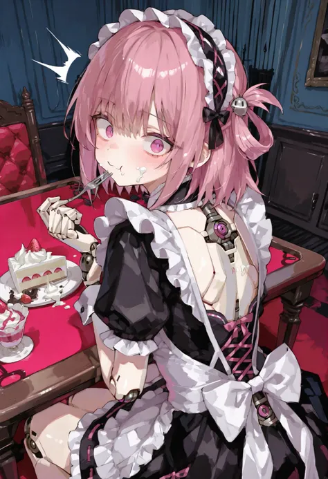 Maid Outfit。short pink hair。 hair ring  。pink eyes。Mechanical joints。Please bring the machine body 。gothic room。headdress。weakest。cute。Skirts。surprised face。table。chipped cake。Cream for cheeks。Looking Back。impact、back。Traces of eating。fork