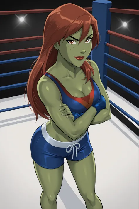 PonyXLV6_Scores BREAK (perfect anatomy, perfect eyes), BREAK mgann morzz, long hair, red hair, colored skin, green skin, freckles, brown eyes, makeup, red lipstick, ((looking at viewer)), superhero, blue sports bra, blue boxing shorts with red trim, curvy,...