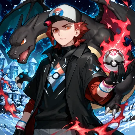 score_9, selvagem, Fifteen years boy,male character, solo boy, confident expression. Raised hair, short medium hair, baseball cap with a symbol of pokeball, red hair, beautiful face, orange eyes, black jersey, loose red short-sleeved overcoat, pair of medi...