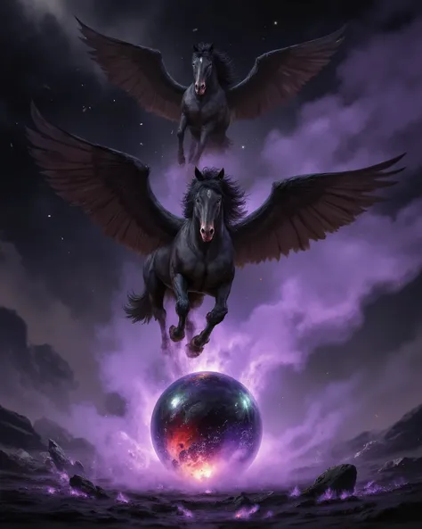 A lavender smokey glass orb broken open on the front lower right side,  a dark red and black glowing smoke is pouring put of the broken glass, three glowing dark poisonous green and red pegasus flying out of the broken orb, finely detailed feathers on pega...