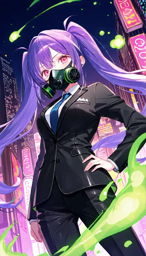 Best Quality、High Definition、4K,score_9 , score_8_up , score_7_up、gas mask、black suit、Poison gas、dynamic pose、City、City、womanhood、purple hair、twin tails on par with Mecha、PinkEye、pink eyes、Saggy Eyes、