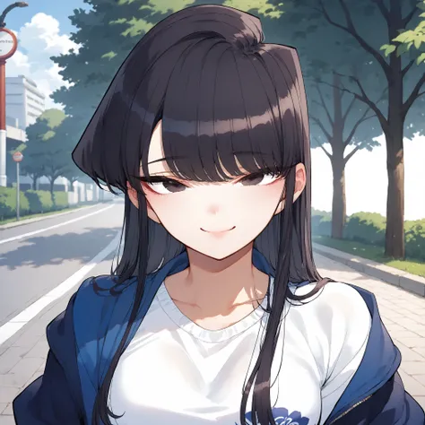 score_9, score_8_up, score_7_up,anime coloring,ultra-detailed,official art,best quality,good quality,BREAK,1girl,solo,komi_shouko, black eyes, black hair, long hair,BREAK,summer style clothes,BREAK,small smile,standing,BREAK,outdoor,park,portrait,(focus fa...