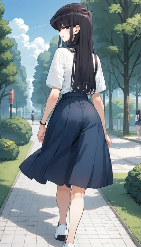 score_9, score_8_up, score_7_up,anime coloring,ultra-detailed,official art,best quality,good quality,BREAK,1girl,solo,komi_shouko, black eyes, black hair, long hair,BREAK,white summer style clothes,BREAK,small smile,walking,BREAK,outdoor,park,full body,loo...