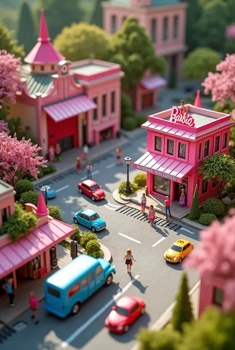 Create a hyper-realistic photograph of a vibrant Barbie City diorama set in a garden. The scene captures the bustling city center with Barbie Square at its heart, surrounded by a railway station, train tracks, and a moving train. Barbie Street is lively wi...