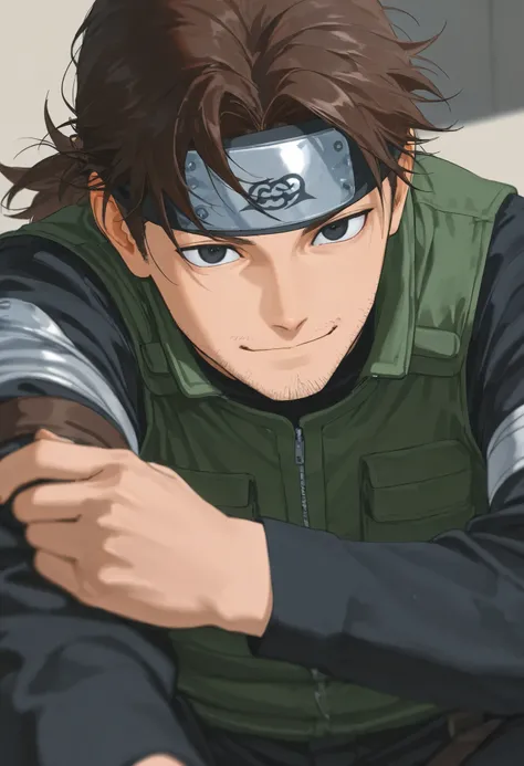 score_9, score_8_above, score_7_above, score_6_above, \(quality\), 1male, medium fluffy brown hair, tied hair tuck, taller frame, stubble facial hair, dark eyes, wearing a dark blue overalls, long sleeve, smiling, ninja bandana on the arm, dark green vest,...