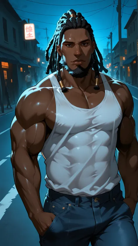 very aesthetic, 걸작, 고해상도, 8k 해상도, high contrast, (semi-realistic), newest, koreanai, RP-Illu, best_quality, finely_detailed_eyes_and_detailed_face, (1 black_man), solo, dreadlocks, (dark_skin:1.6), big beard, white tanktop, denim_pants, (street, night), lo...