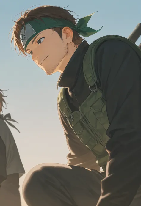 score_9, score_8_above, score_7_above, score_6_above, \(quality\), 1male, medium fluffy brown hair, tied hair tuck, taller frame, stubble facial hair, dark eyes, wearing a dark blue overalls, long sleeve, smiling, ninja bandana on the arm, dark green vest,...