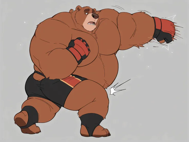 solo, 1boy, Huge Swole Overweight Muscular kodiak Bear, huge brown fur, ((extremely muscle size, super thick arms, huge broad pec, extremely wide pectoral, brown fur, huge arms, plump swole body), height: 220cm (7’2), weight: 270kg (595lbs), detailed eyes ...