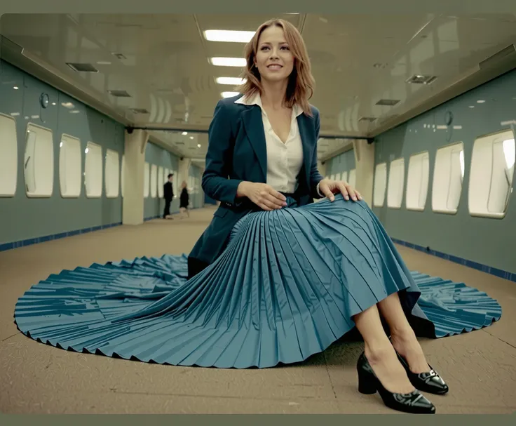  In an interstellar office adorned with vintage charm, a demure, mature therapist, dressed in a crisp uniform jacket and a blouse, reveals her alluring feminine grace. Her long, pleated skirt sweeps dramatically across the metallic floor, each fold a testa...