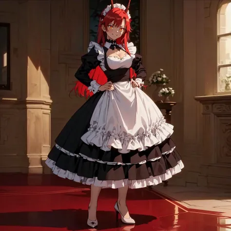 ((1girl, solo ,alone)), ((solo, 1woman, ((tania-fi, dragon horns, beast tamer, orange eyes, long hair, red hair,)), woman, smug), Extremely detailed, ambient soft lighting, 4k, perfect eyes, a perfect face, perfect lighting, a 1girl)), ((fitness, muscular, shapely body, athletic body, toned body)), ((maid clothes, maid outfit, frilly apron, frilly dress, windows, high heels, mansion, indoor mansion, windows, elegant decor, cleavage, flower vases, full body, standing, cleavage, smug, sexy, smug, sky, long dress))
