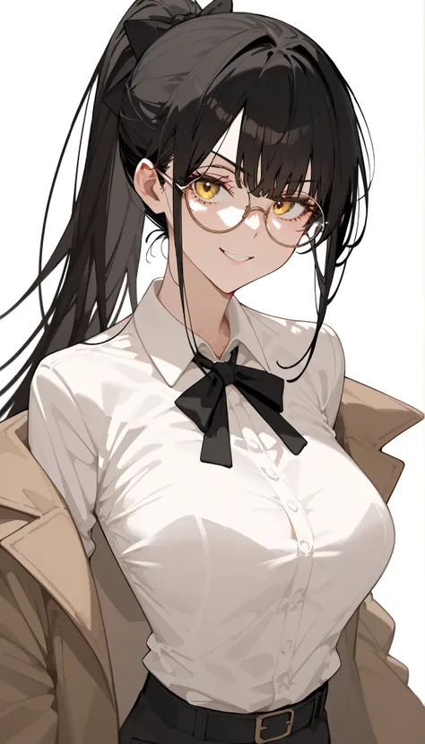 girl, Black hair,In golden eyes,long hair,, put on round glasses,collared shirt,Put on a brown jacket, ponytail,Milf,big breasts,Black Hair Bronze,Idol girls,shorts,Slim legs,good figure,slim,upper body shape,Fierce face,detective,Serious-Faced Shirt,ribbo...
