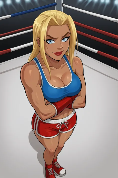 score_9,score_8_up,score_7_up BREAK supergirlApocalypse, 1girl, long hair, blue eyes, blonde hair, navel, midriff, dark skin, dark-skinned female, dark red lips, superhero, looking at viewer, curvy, athletic, large breasts, cleavage, blue sports bra, red b...