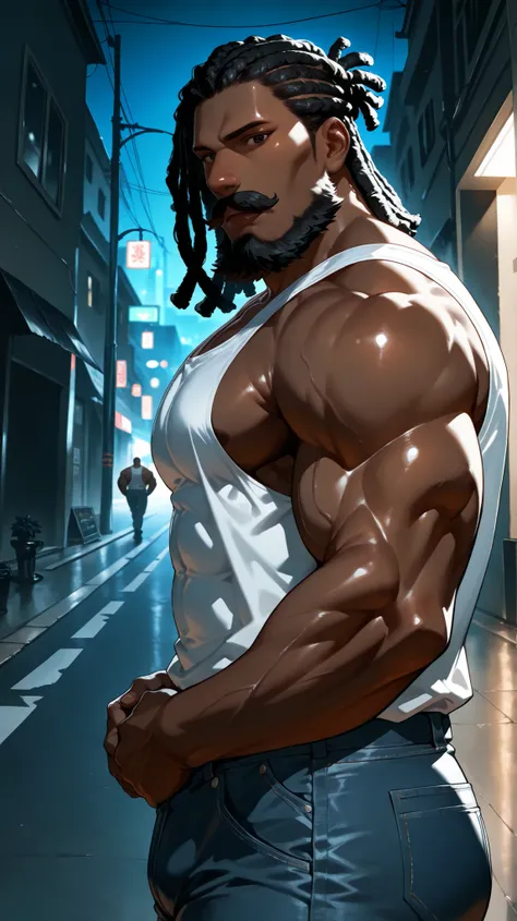 very aesthetic, 걸작, 고해상도, 8k 해상도, high contrast, (semi-realistic), newest, koreanai, RP-Illu, best_quality, finely_detailed_eyes_and_detailed_face, (1 black_man), solo, dreadlocks, (dark_skin:1.6), mustache, big beard, white tanktop, denim_pants, (street, ...